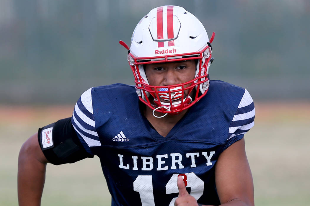 Liberty safety Austin Fiaseu during practice at the school in Las Vegas Wednesday, Sept. 5, ...