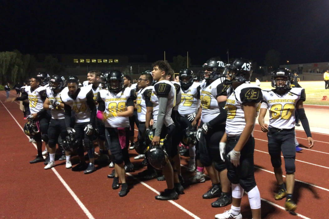 Clark players celebrate their win over Desert Oasis on Friday. (Tim Guesman/Las Vegas Review ...
