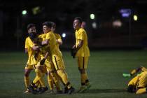 Clark High School celebrates a goal against Tech at the Bettye Wilson Soccer Complex in Las ...