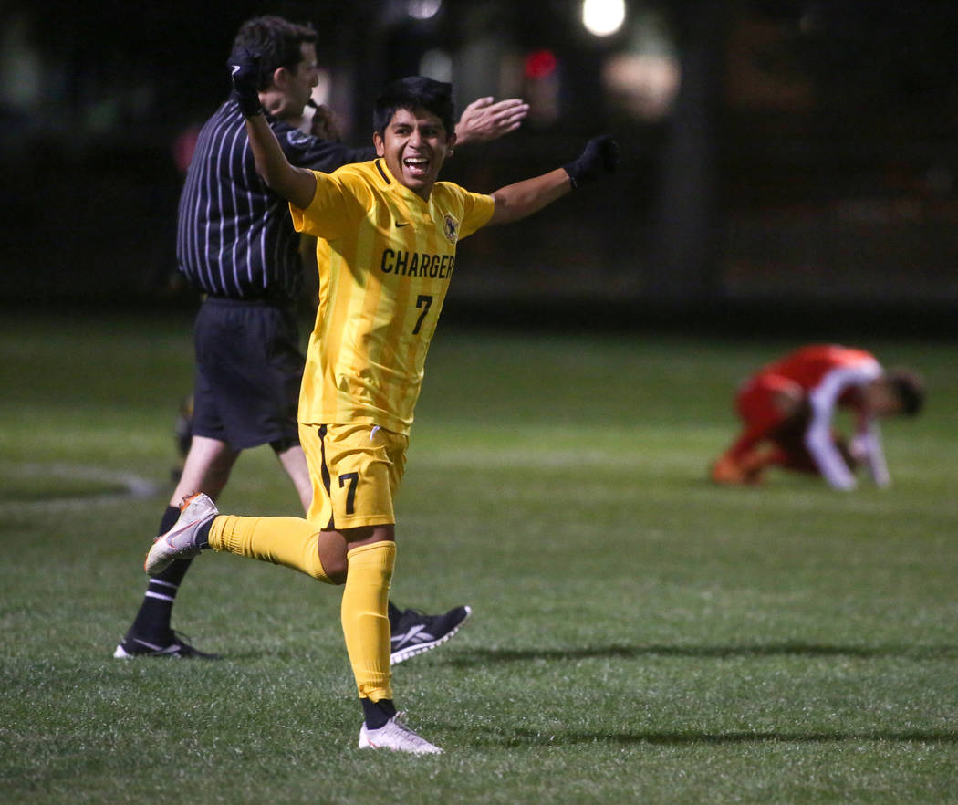 Clark High School’s Edgar Huerts celebrates their win over Tech at the Bettye Wilson S ...