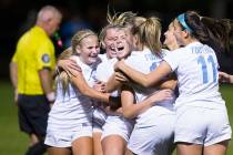 Foothill High School players celebrate after scoring a last second goal in the second half t ...