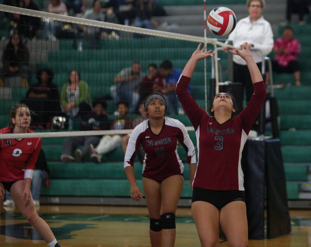 Cimarron Memorial High School’s Destiny Garcia sets the ball during a game against Las ...