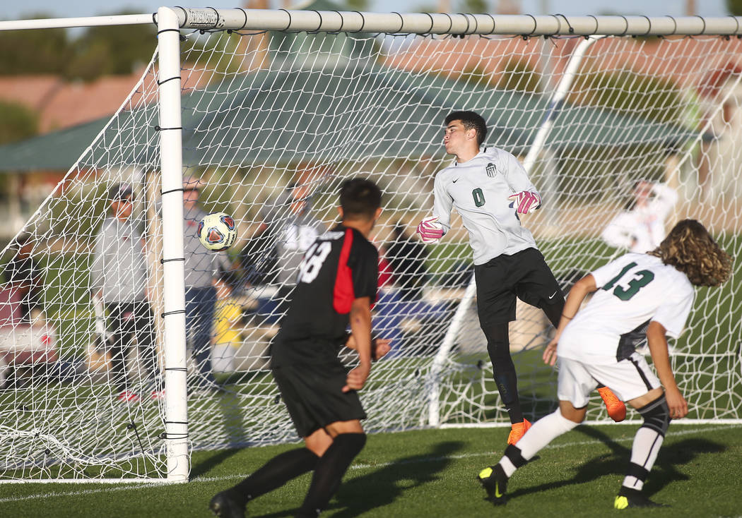 Las Vegas’ Nathan Zamora, not pictured, heads the ball past Palo Verde’s Yahir D ...