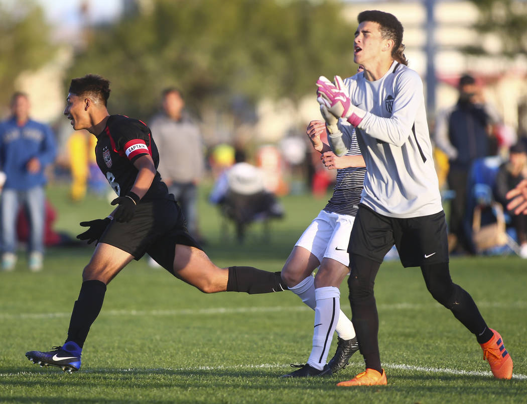 Las Vegas’ Daniel Rangel, left, scores a goal against Palo Verde during the Mountain R ...