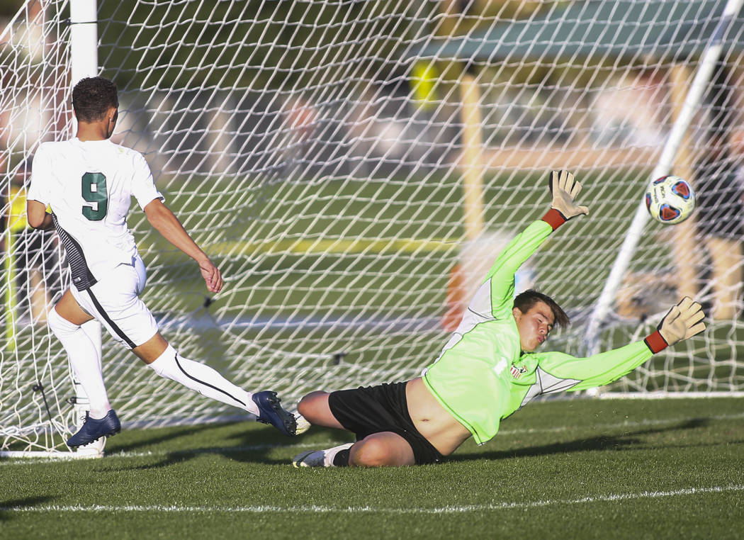 Palo Verde’s Michael Vogel helps get a shot past Las Vegas’ Rudy Gomez (1) to sc ...