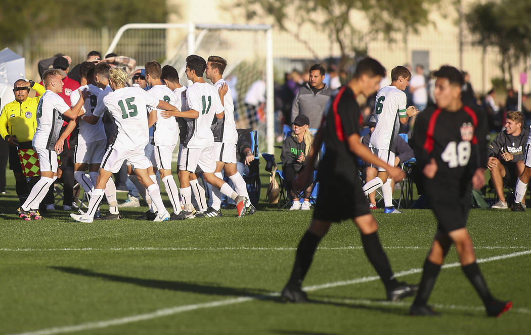 Palo Verde players celebrate a goal against Las Vegas during the Mountain Region boys soccer ...