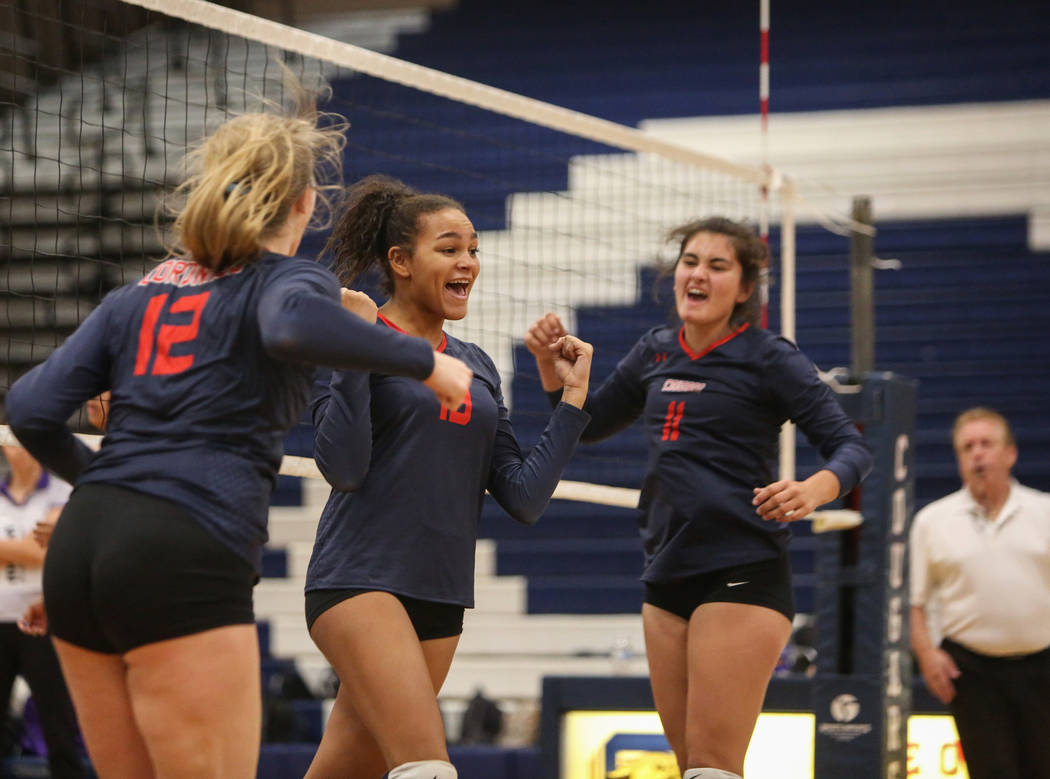 Coronado’s Sasha Bolla, left, Brooke Dobson and Katie Sullivan celebrate after winning ...