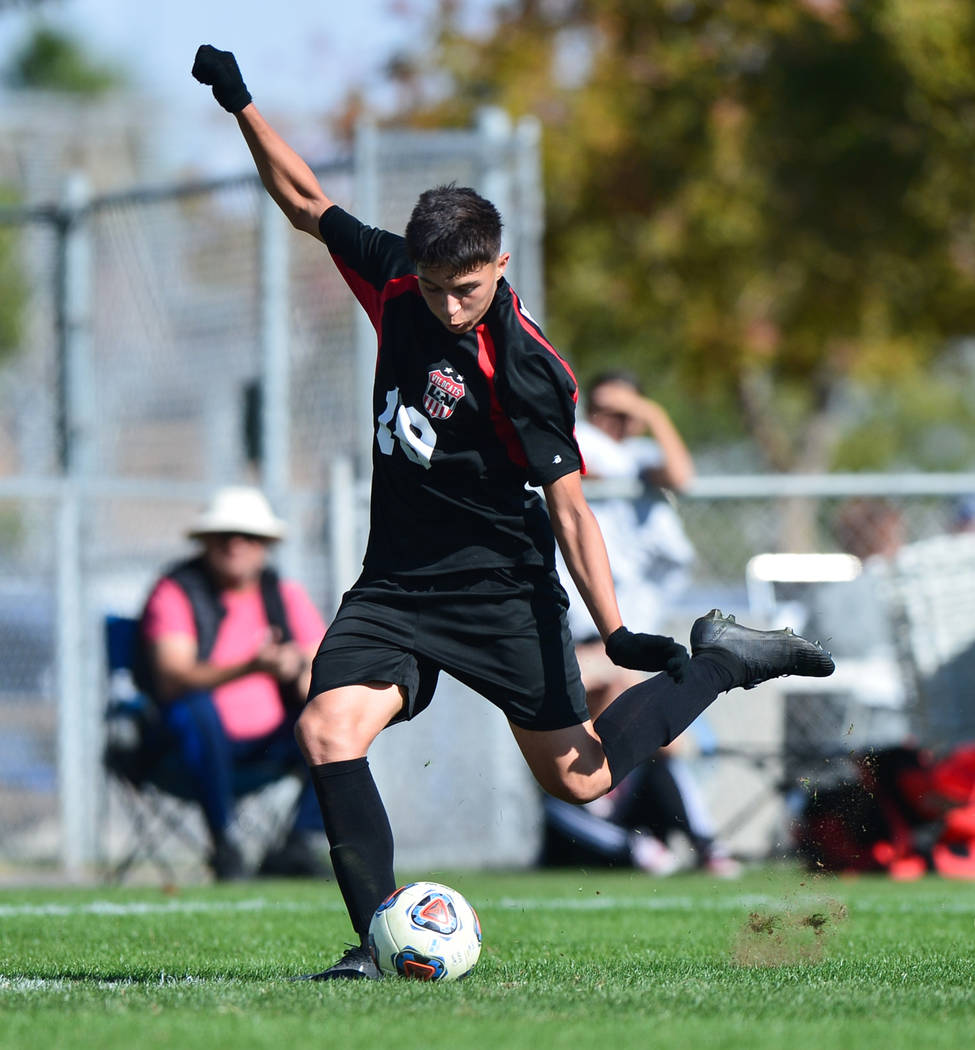 Las Vegas High School’s Sergio Aguayo (18) kicks the winning goal in the second half o ...