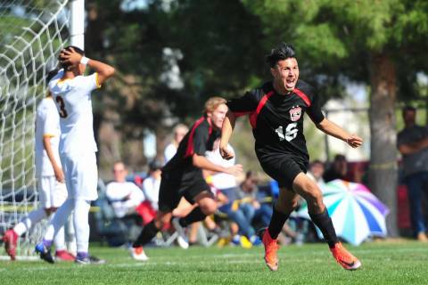 Las Vegas High School’s Nathan Zamora (16) celebrates the second goal of the 3A Mounta ...