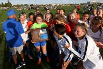 Bishop Gorman players celebrate their win over Coronado in the Desert Region girls soccer ch ...