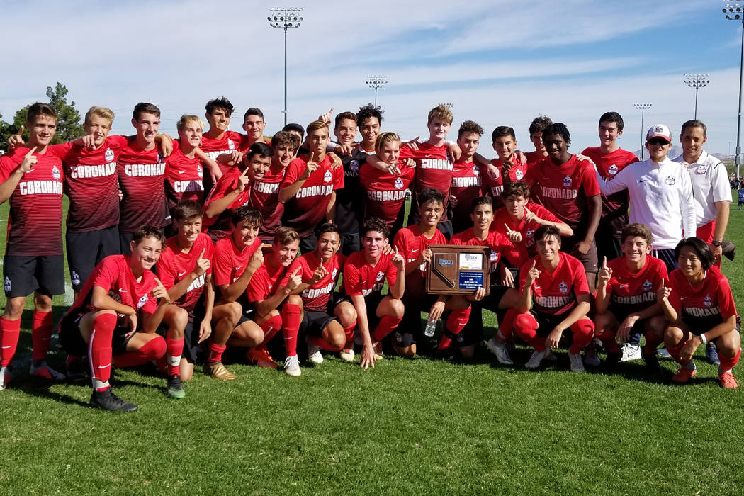 Coronado players celebrate their 3-0 victory over Durango in the Class 4A Desert Region cham ...