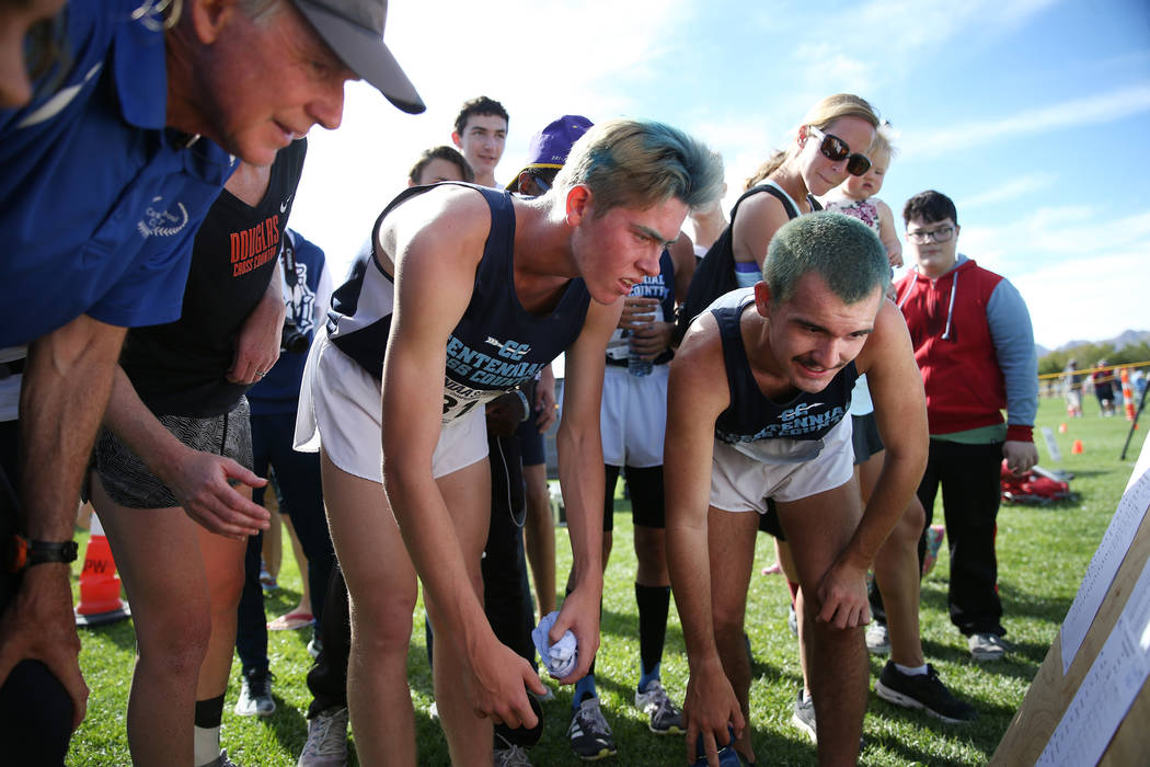 Centennial’s Tucker Raymond (81), left, and Alexander Miller (79), check the verified ...