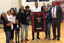 Los Angeles Clippers guard and former Findlay Prep star poses for a photo during his jersey ...