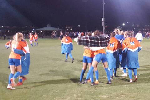 Defending state champion Bishop Gorman celebrates after a 3-2 win over Palo Verde in the Cla ...