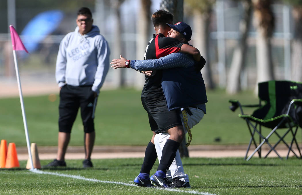 Las Vegas’ Daniel Rangel (8) celebrates his goal with his brother Salvador Valencia du ...
