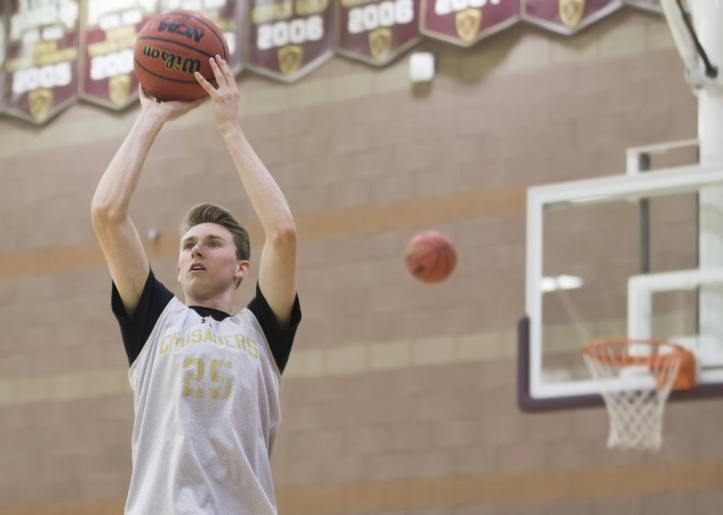 Faith Lutheran senior guard Brevin Walter shoots a three point shot during practice on Monda ...