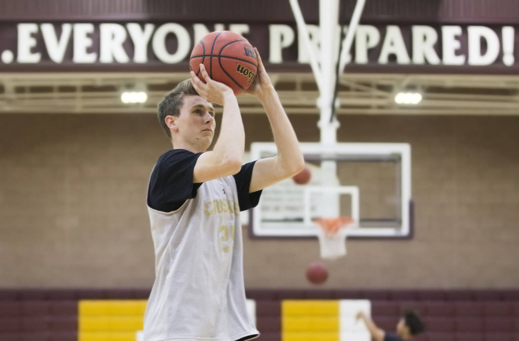 Faith Lutheran senior guard Brevin Walter shoots a three point shot during practice on Monda ...