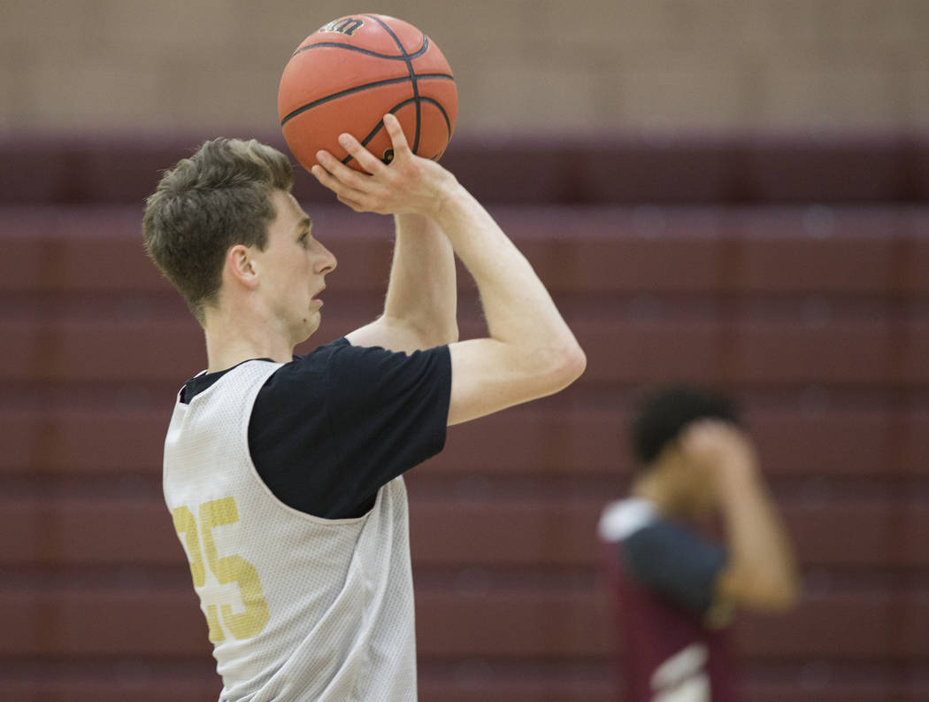 Faith Lutheran senior guard Brevin Walter shoots a corner three during practice on Monday, N ...