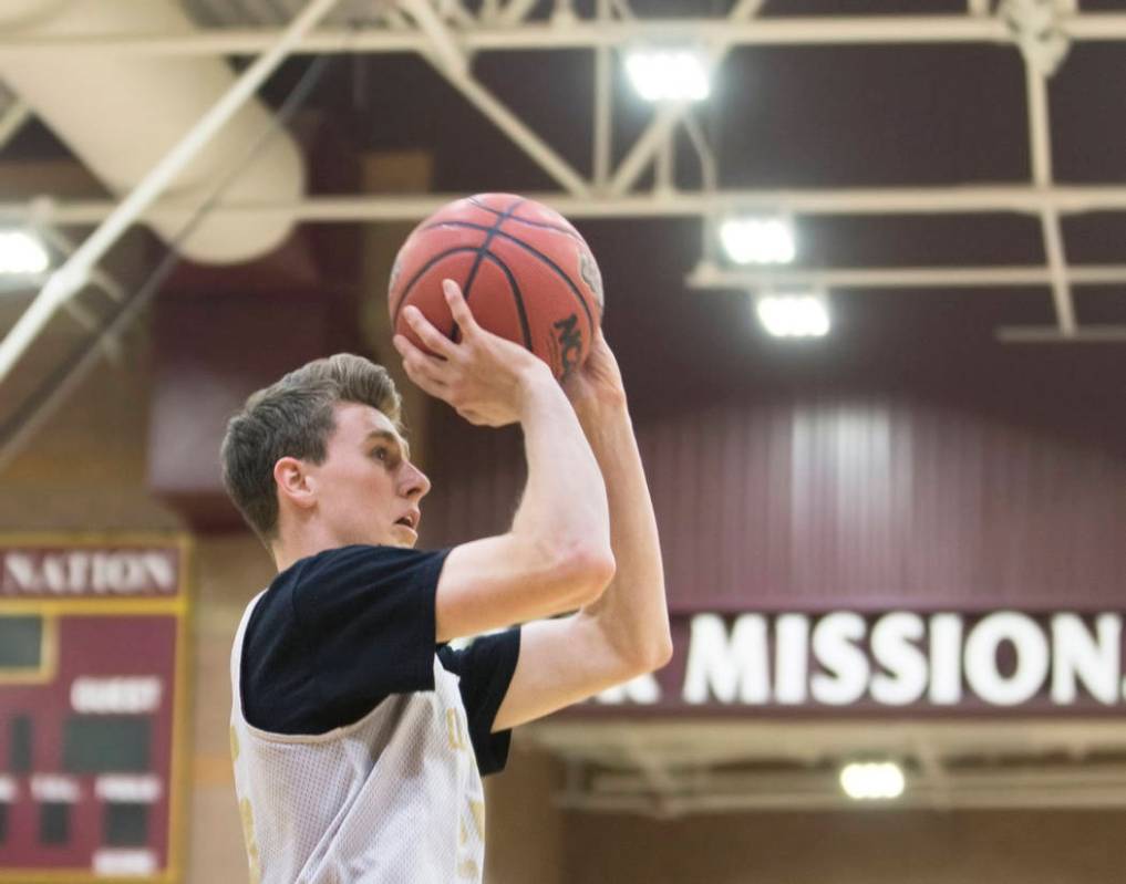 Faith Lutheran senior guard Brevin Walter shoots a corner three during practice on Monday, N ...