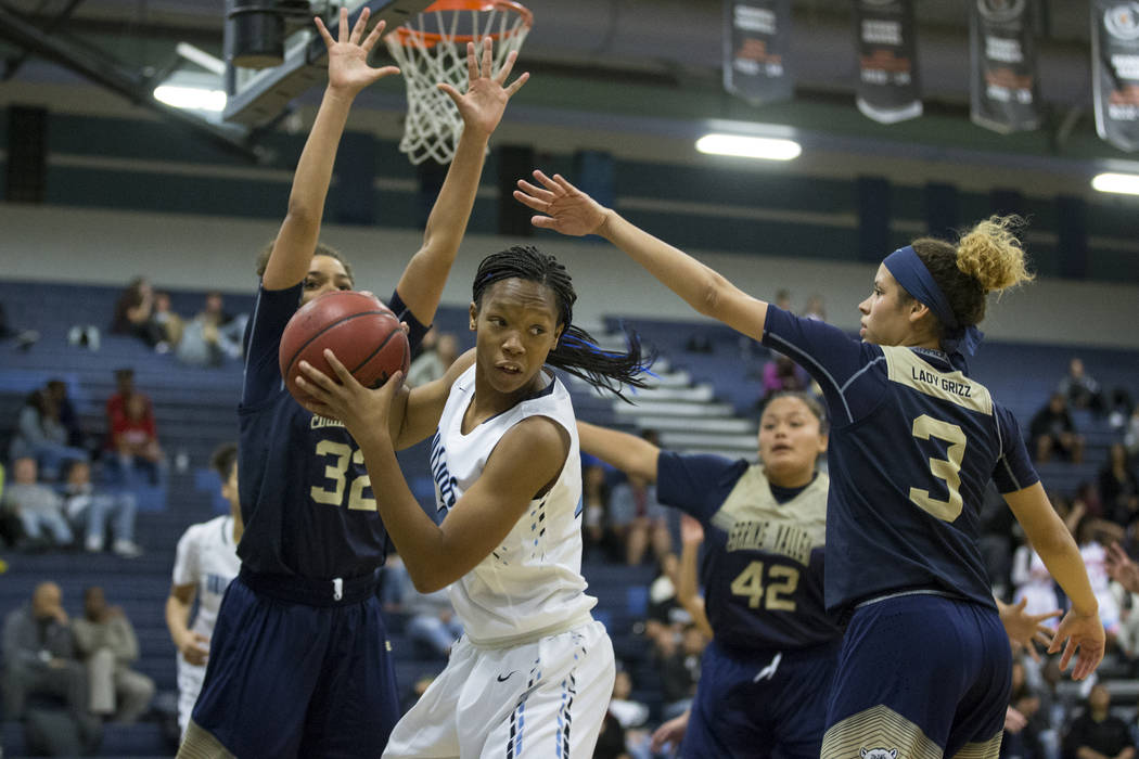 Centennial’s Daejah Phillips (23) looks for an open pass against Spring Valley in the ...