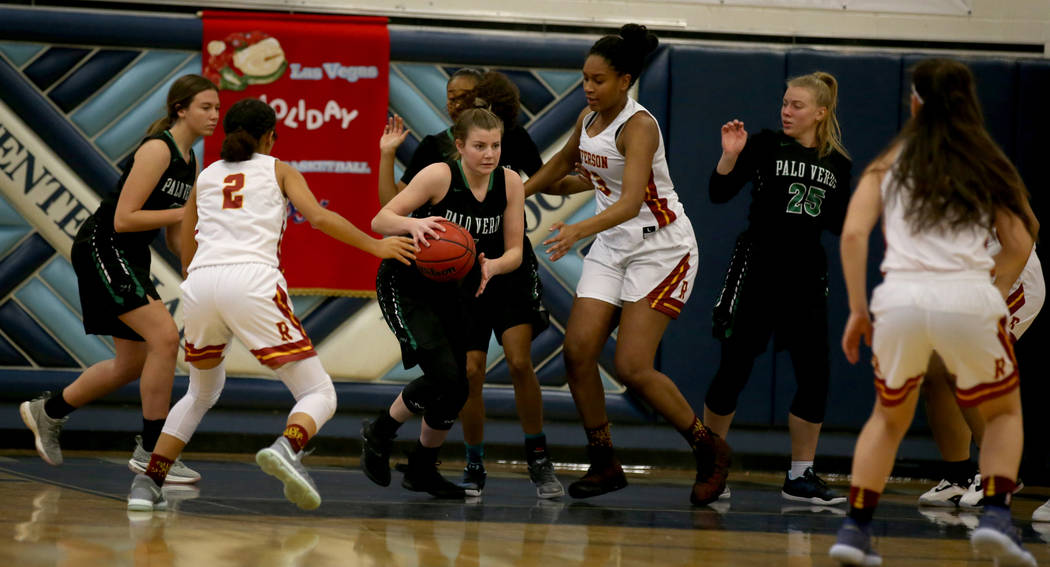 Palo Verde guard Alyssa Maillaro moves the ball after grabbing a rebound in the first quarte ...