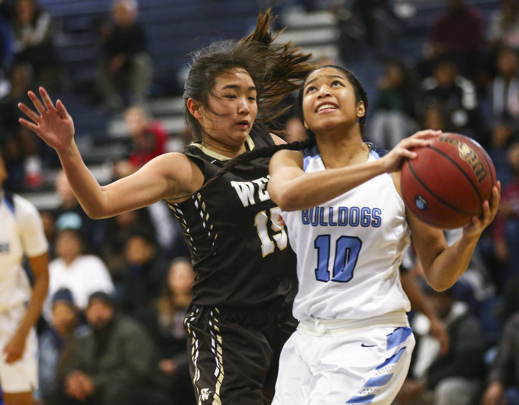 Centennial’s Ajanhai Phoumiphat (10) goes to the basket against West’s Rachel ...