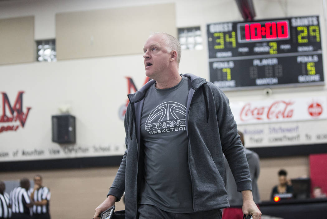 Bonanza head coach Dan Savage walks off the court in anger after the Bengals game with Sierr ...