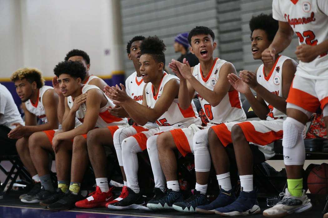 Chaparral’s bench reacts after a play against Legacy in the boy’s basketball ga ...