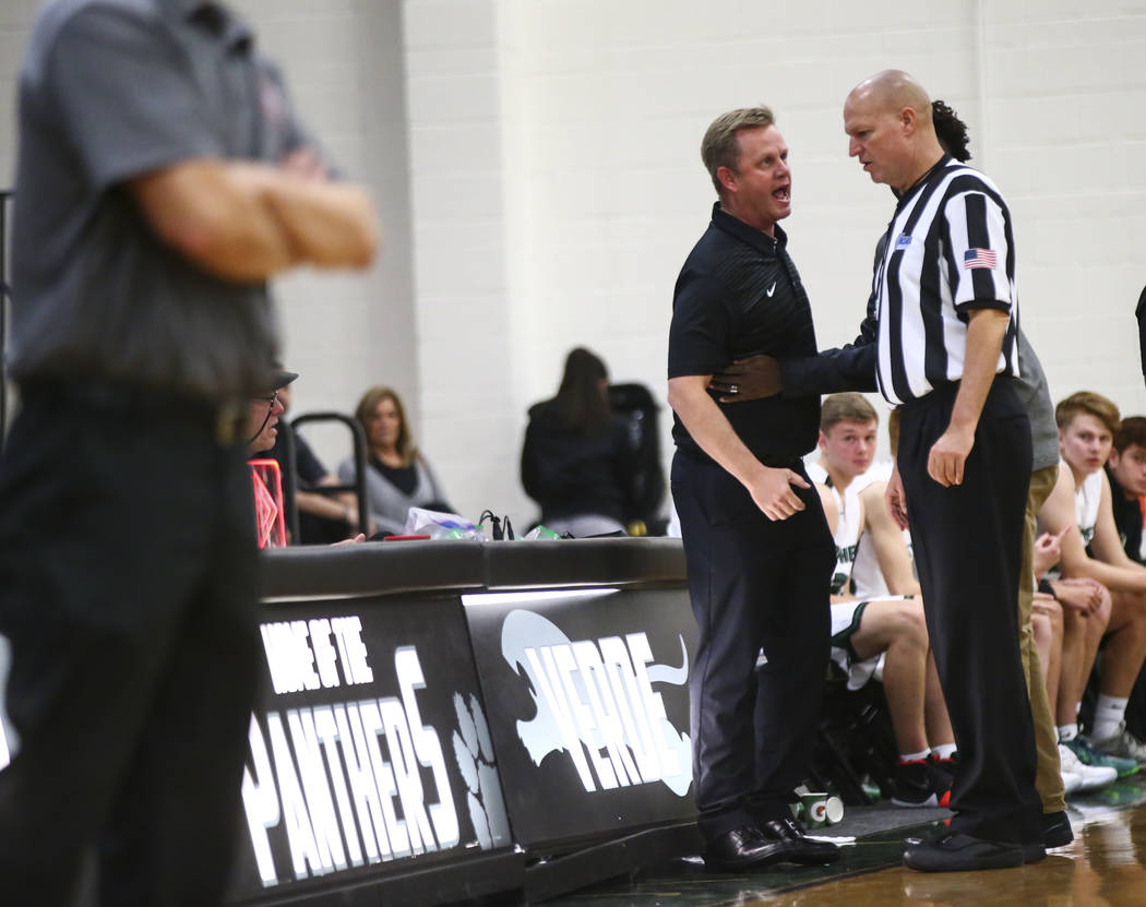 Palo Verde head coach Pat Condron argues with a referee during a basketball game against Arb ...