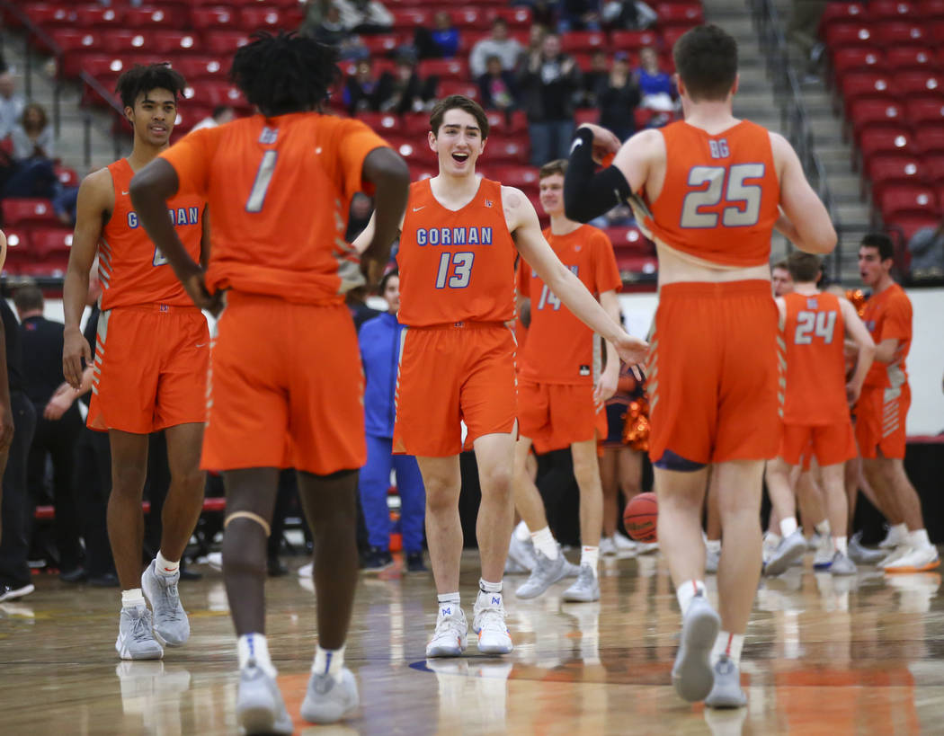 Bishop Gorman’s Braden Lamar (13) celebrates his team’s win against Findlay Prep ...