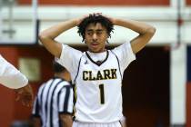 Clark’s Frankie Collins (1) reacts as his team trails against Bishop Gorman during a b ...