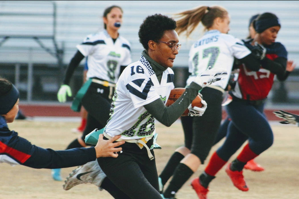 Green Valley’s Deborah Grant rushes for 26 yards against Liberty on Thursday, Jan. 24, ...