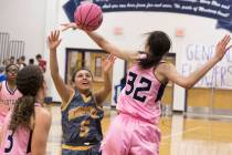 Bonanza sophomore Isaira Diaz (5) fights for a rebound with Shadow Ridge junior Christina Th ...