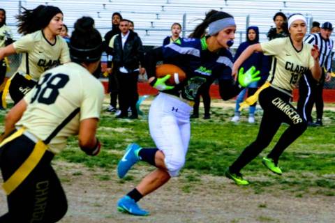 Green Valley’s Anna Grave de Peralta catches a 15-yard pass from Jennifer Haberstock o ...