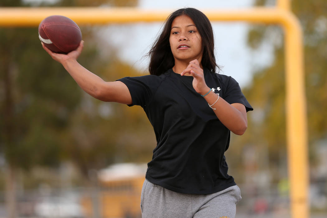 Bonanza’s flag football quarterback Cindylou Rasiang, 15, throws a pass during a worko ...