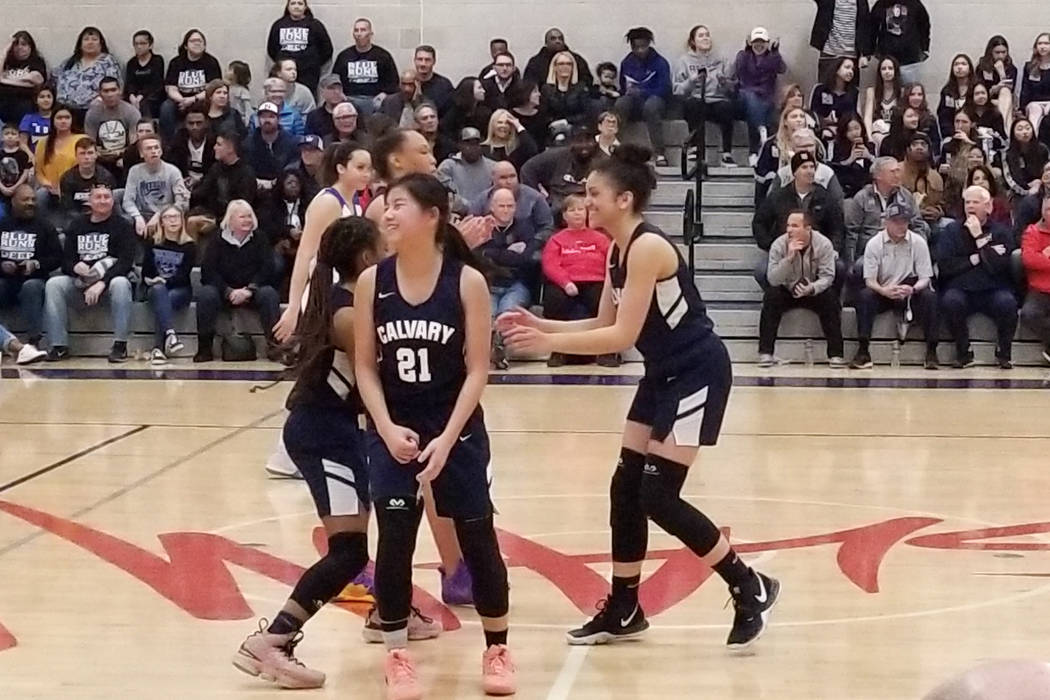 Calvary Chapel players react after taking the lead against Needles in the Class 2A Southern ...