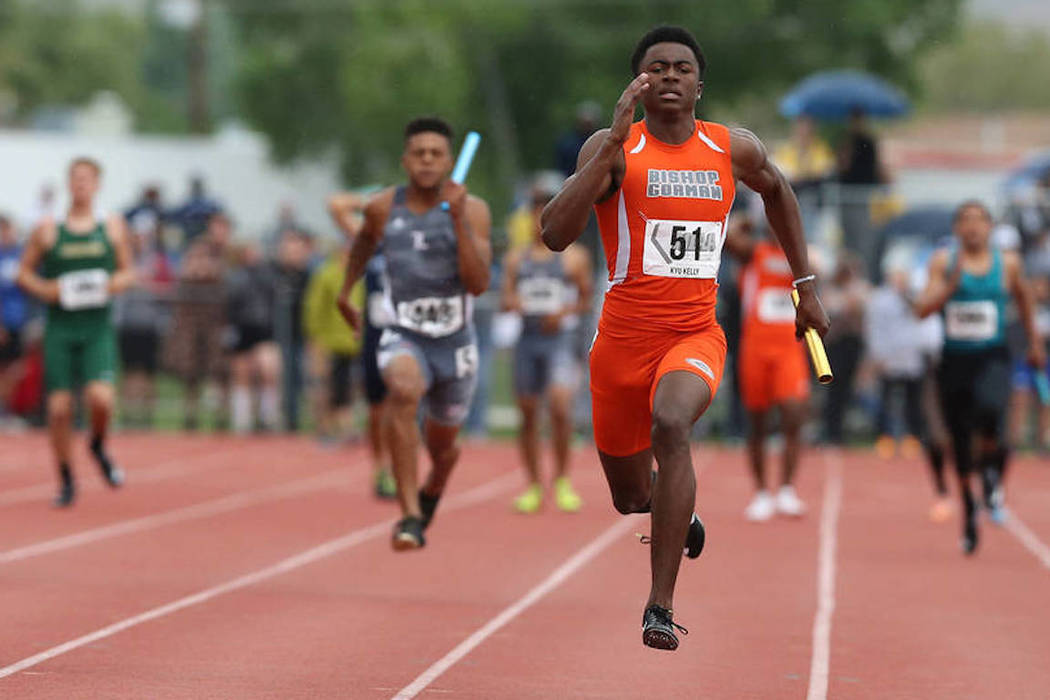 Bishop Gorman’s Kyu Kelly competes in the 400-meter relay at the 2018 Class 4A state m ...