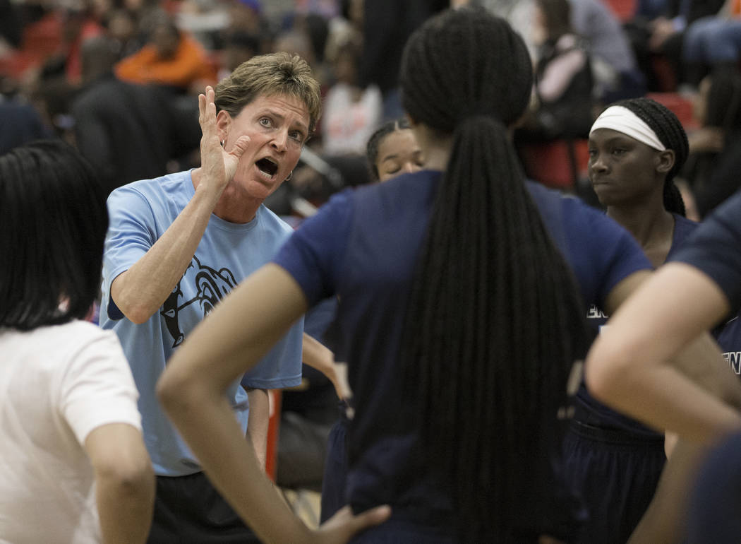 Centennial head coach Karen Weitz tries to fire up her team in the second quarter during a t ...