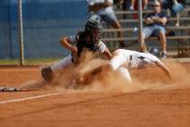 Shadow Ridge’s catcher Caitlyn Covington (3) tags Centennial’s Seanna Simpson (5 ...