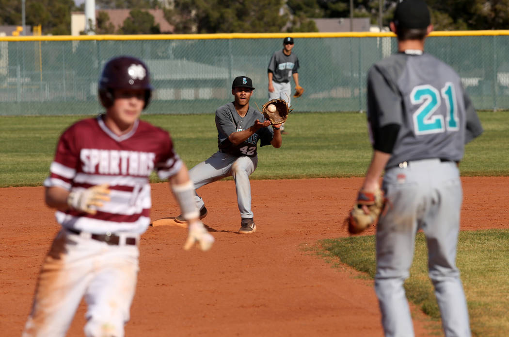 Silverado’s Seton Cifelli (21) throws to second baseman Caleb Hubbard (42) to get one ...