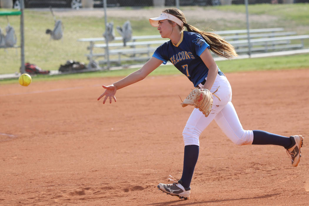 Foothill’s Morgan Matsumoto (7) throws to first base for an out against Green Valley i ...