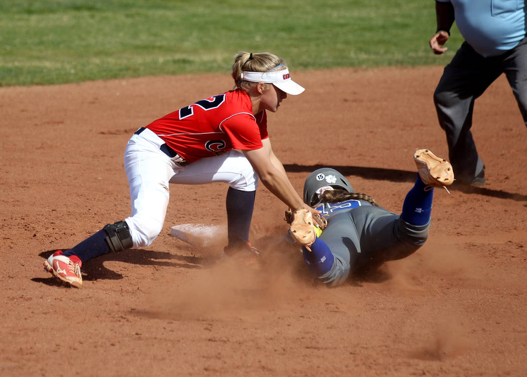 Coronado shortstop Paige Sinicki (12) tags out Basic baserunner Mikayla Berg (15) during the ...