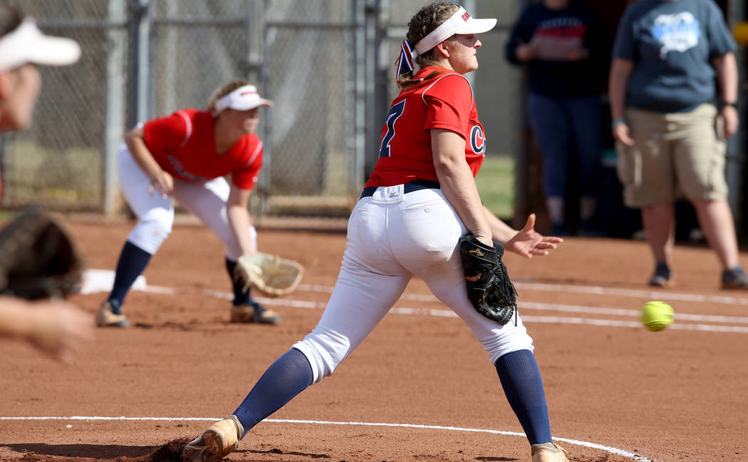 Coronado pitcher Ashley Ward (7) throws against Basic in the first inning of their softball ...