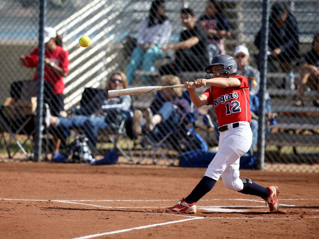 Coronado’s Paige Sinicki (12) hits against Basic in the first inning of their softball ...