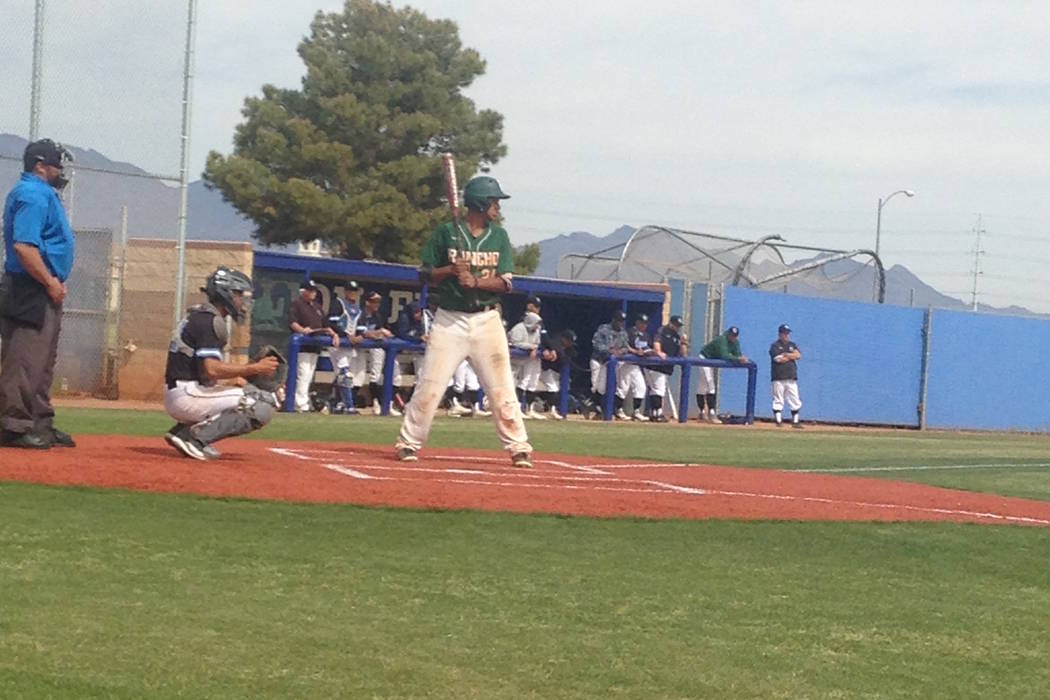 Rancho’s Jairo Verdugo prepares to hit against Carson (California) in their game at Si ...