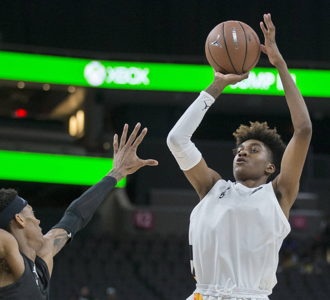 Jaden McDaniels (5) shoots a jump shot in the second half during the Jordan Brand Classic Al ...