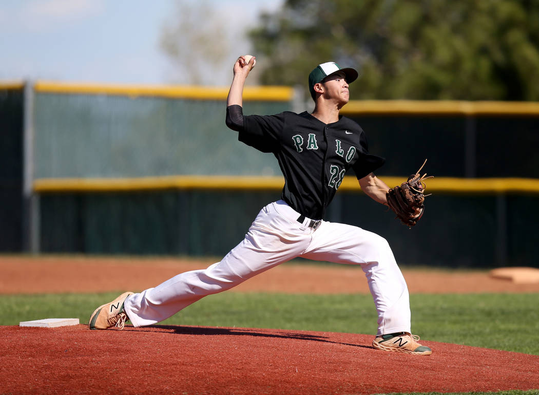 Palo Verde pitcher Noah Carabajal throws against Basic in the second inning of their basebal ...
