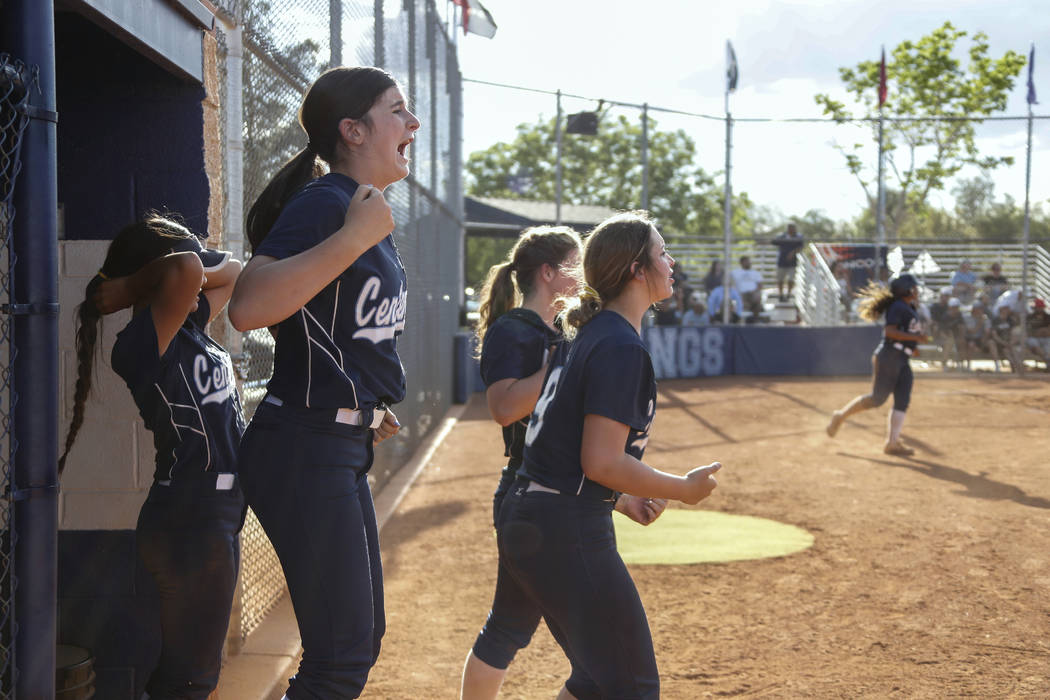 Centennial plays cheer on their teammates in the seventh inning of their softball game at Sh ...