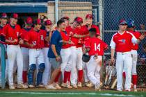 Liberty players celebrate a late-game score by teammate Ryan Towers (14) during the first ro ...