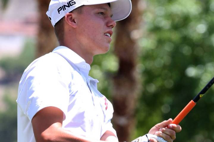 Arbor View’s Hazen Newman watches his drive during the Nevada State High School Region ...